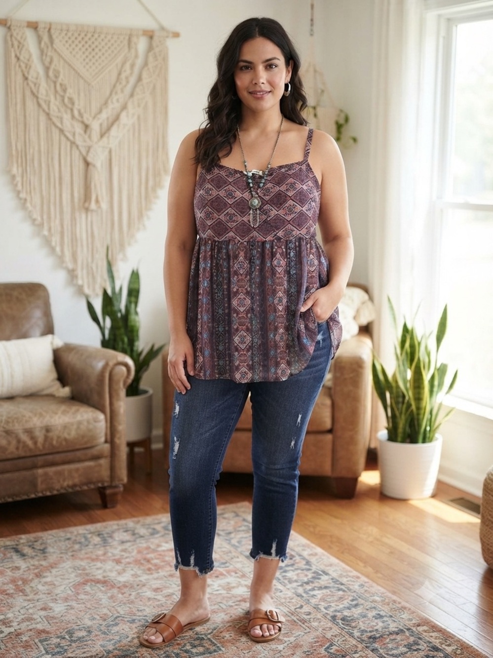 Maurices Teal and Rust Red Printed Tank Camisole Blouse